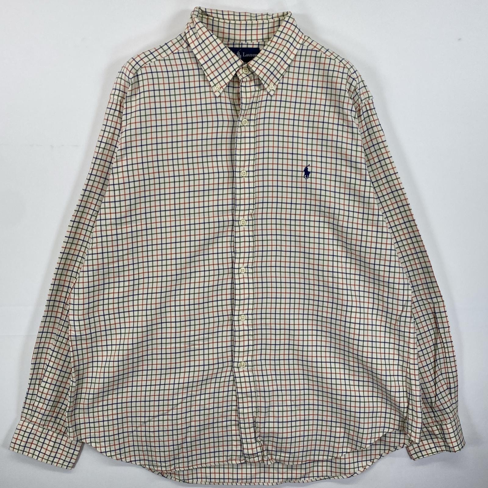 古着 90's/90年代 ラルフローレン RALPH LAUREN 長袖シャツ ボタンダウン ワンポイントロゴ刺繍 17 XL ベージュ系 チェック メンズ