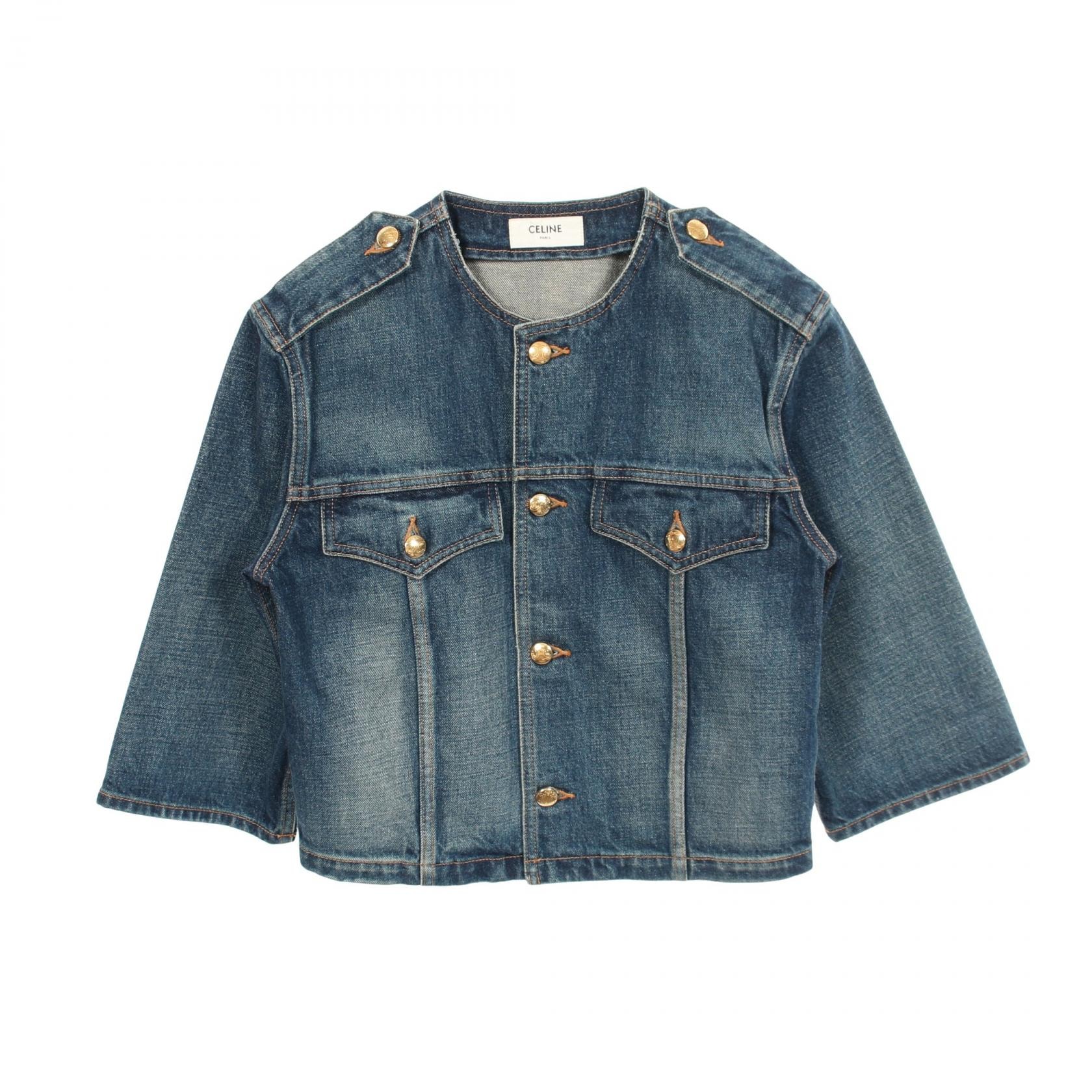 セリーヌ CELINE トリオンフボタン デニムジャケット 衣料品 アウター コットン レディース ネイビー系 2Q468365M 【中古】