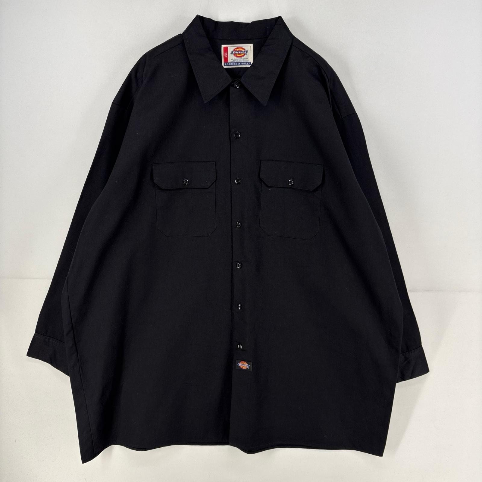 古着 ディッキーズ Dickies 長袖シャツ 胸ポケット ワーク 大きいサイズ 作業着 ワンポイント 3XL ブラック 無地 メンズ