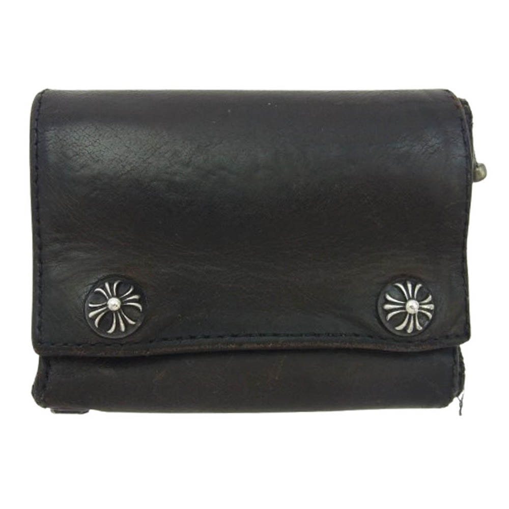 CHROME HEARTS クロムハーツ(原本無) ウォレット 3 FOLD 3フォールド クロスボール コンパクト レザー ウォレット 財布 ブラック系【中古】