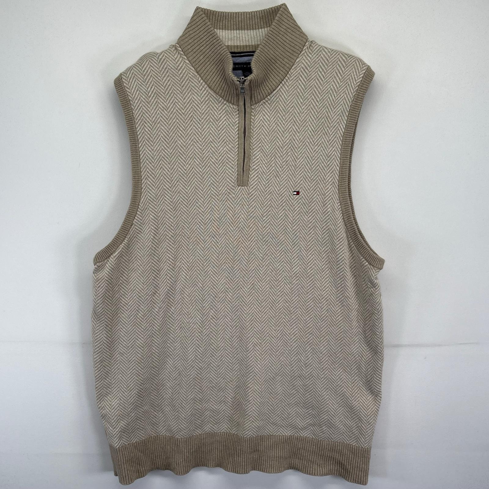 古着 トミーヒルフィガー TOMMY HILFIGER ニットベスト 大きいサイズ ワンポイントロゴ ヘリンボーン ハーフジップ 2XL  ベージュ系 メンズ