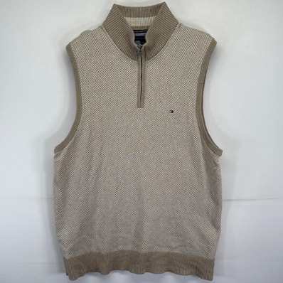 古着 トミーヒルフィガー TOMMY HILFIGER ニットベスト 大きいサイズ ワンポイントロゴ ヘリンボーン ハーフジップ 2XL ベージュ系 メンズ