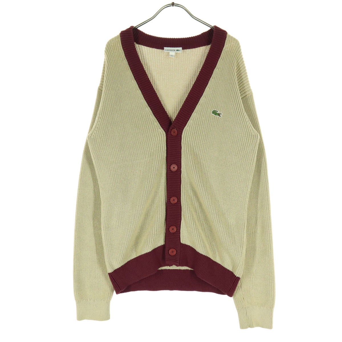 LACOSTE ラコステ バイカラー ワッペン 長袖 コットン ニットカーディガン S ベージュ系