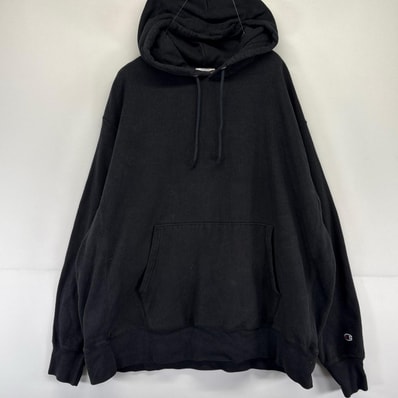 古着 チャンピオン Champion パーカー リバースウィーブ 目なし スウェット プルオーバー 目無し 2XL ブラック系 無地 メンズ