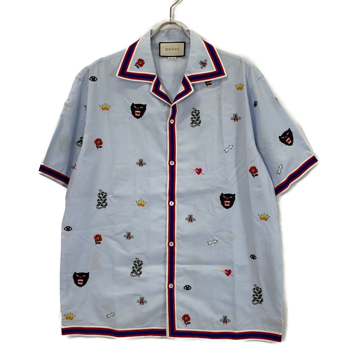グッチ 521782 18年 ライトブルー エンブロイダリー 総柄 ボーリング半袖シャツ 52