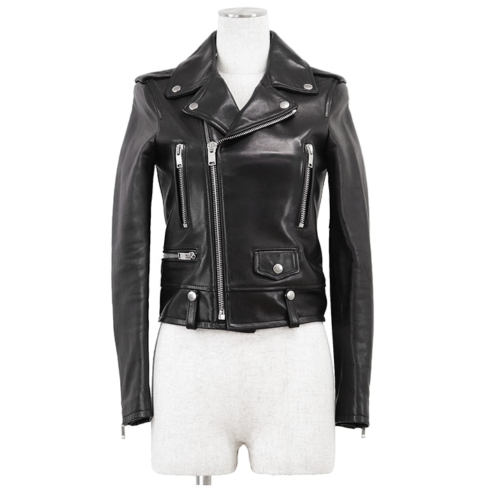 SAINT LAURENT PARIS サンローラン・パリ ジャケット ライダース サイズ F34 レディース ロゴ ボタン モーターサイクル レザー ラムスキン アウター ハンガー付属 ブラック 黒 イタリア製