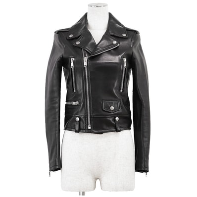 SAINT LAURENT PARIS サンローラン・パリ ジャケット ライダース サイズ F34 レディース ロゴ ボタン モーターサイクル レザー ラムスキン アウター ハンガー付属 ブラック 黒 イタリア製