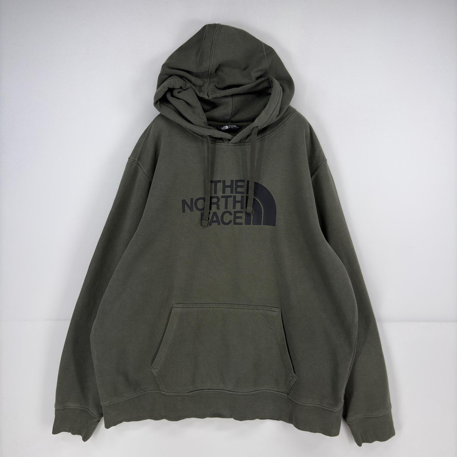 古着 ザ・ノースフェイス THE NORTH FACE パーカー スウェット プルオーバー ロゴ プリント 大きいサイズ XL グリーン系 メンズ