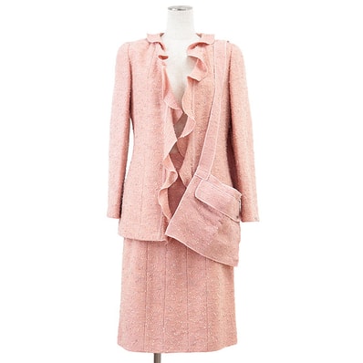 【美品】CHANEL シャネル セットアップ 99A P14314 ヴィンテージ ジャケット スカート ウール ツイード フリル オープンフロント ひざ下丈 スーツ タグ・バッグ付属 レディース サイズ 38 ピンク グレー ベージュ フランス製