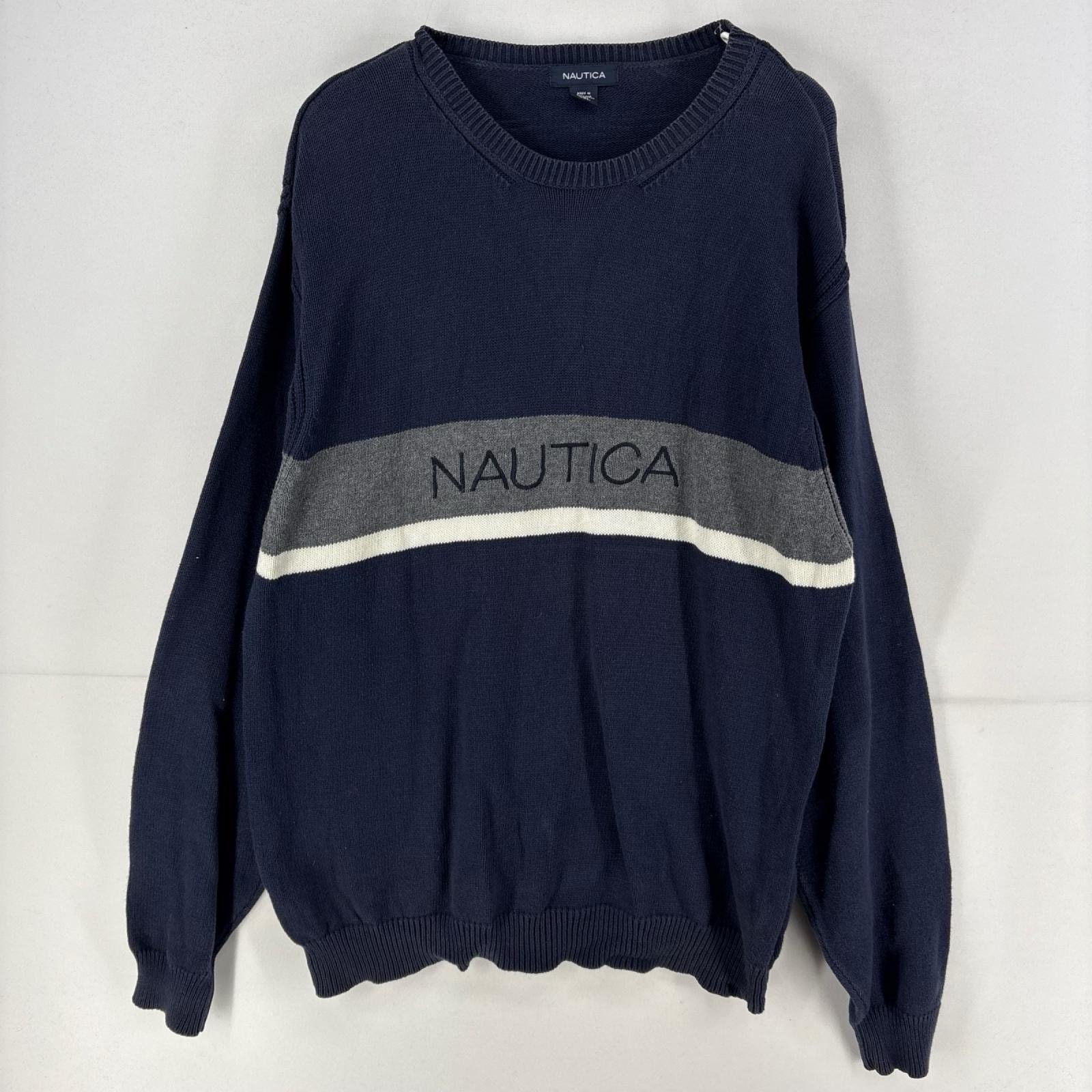 古着 ノーティカ NAUTICA ニット トレーナー ロゴ 刺繍 大きいサイズ セーター コットン プルオーバー 2XL  ネイビー メンズ
