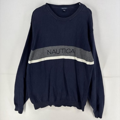 古着 ノーティカ NAUTICA ニット トレーナー ロゴ 刺繍 大きいサイズ セーター コットン プルオーバー 2XL ネイビー メンズ