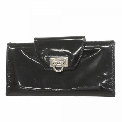 【6dc3400】サルヴァトーレフェラガモ 長財布 ガンチーニ エナメル ブラック シルバー金具【中古】レディース