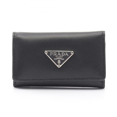 プラダ PRADA 三角プレート 6連 キーケース アクセサリー サフィアーノレザー メンズ レディース ブラック系 【中古】