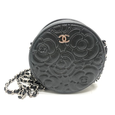 シャネル CHANEL カメリア CC ココマーク ロゴ 斜め掛け カバン ラウンド ミニ ショルダーバッグ レザー グレー 美品