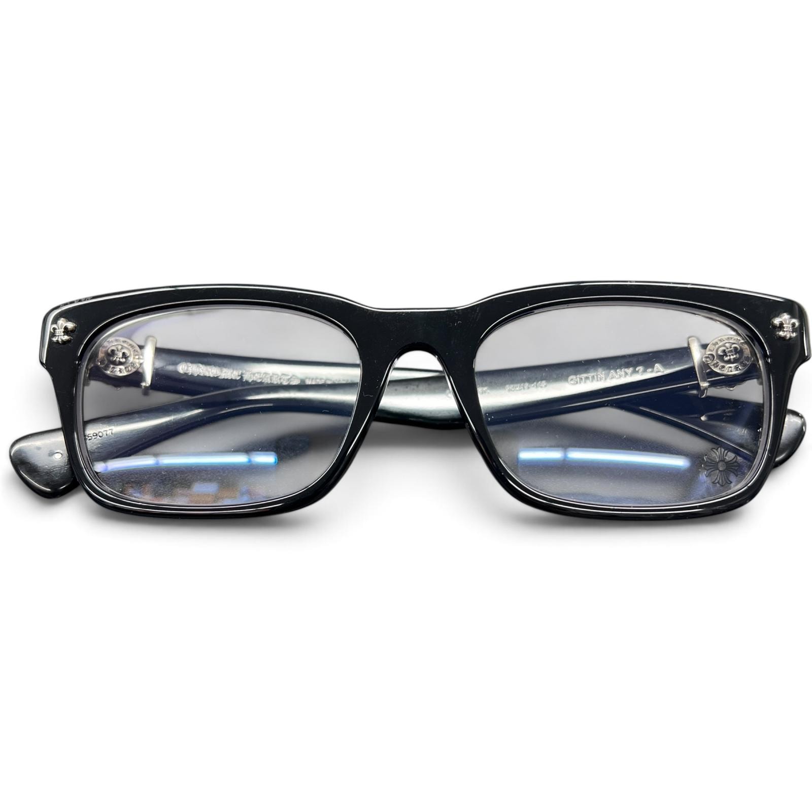 CHROME HEARTS 極美品 クロムハーツ GITTIN ANY?-A ギッティンエニー BSフレア サングラス 52□19-145 ブラック 純正レンズ 度無し クリア プラスチック シルバー 眼鏡 メガネ ABランク 中古 鑑定済 クロムサングラス