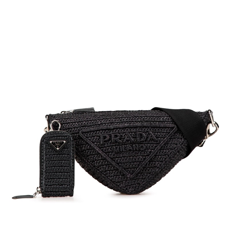 プラダ トライアングル クロシェ 斜め掛け ショルダーバッグ ブラック ラフィア レディース PRADA 【中古】