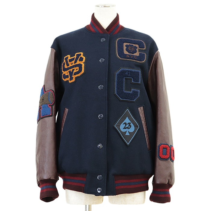 美品 コーチ スタジャン ジャケット ワッペン ナンバーリング ロゴ レザー ビックシルエット オーバーサイズ ジャケット レディース ネイビー ブラウン マルチカラー XS COACH