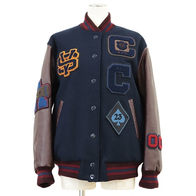 美品 コーチ スタジャン ジャケット ワッペン ナンバーリング ロゴ レザー ビックシルエット オーバーサイズ ジャケット レディース ネイビー ブラウン マルチカラー XS COACH