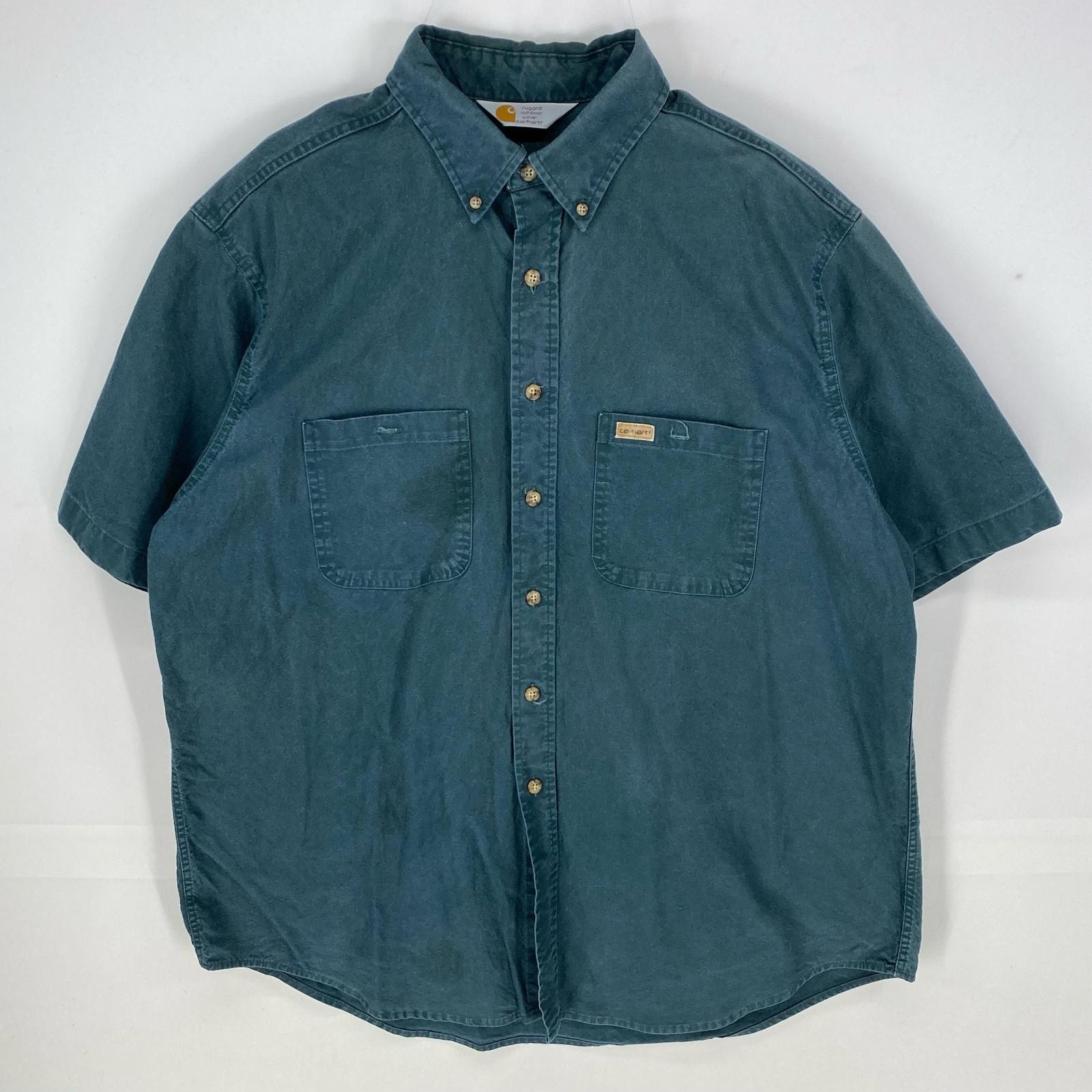 古着 80's/80年代 ヴィンテージ カーハート Carhartt 半袖シャツ ワンポイント 胸ポケット 厚手 ワークシャツ グリーン系 メンズ