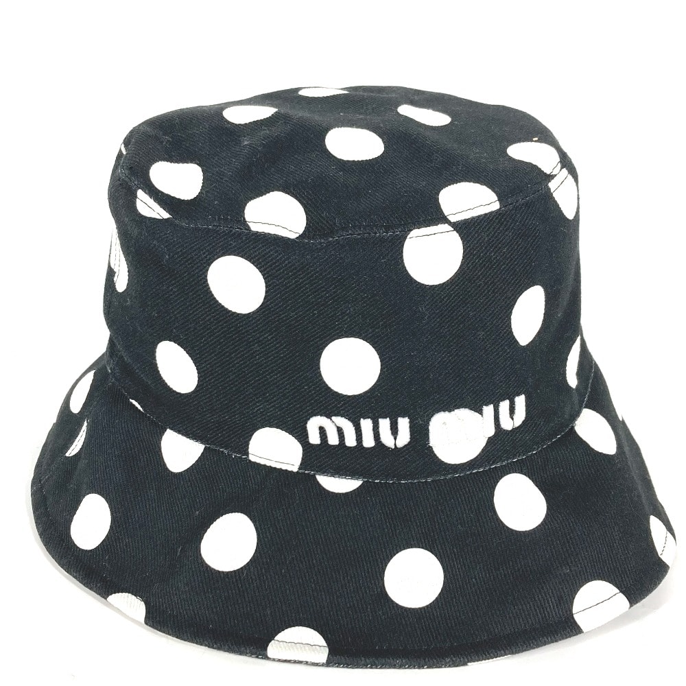 ミュウミュウ MIUMIU ロゴ ドット 水玉 5HC196 ハット帽 帽子 バケットハット ボブハット ハット コットン ブラック 美品