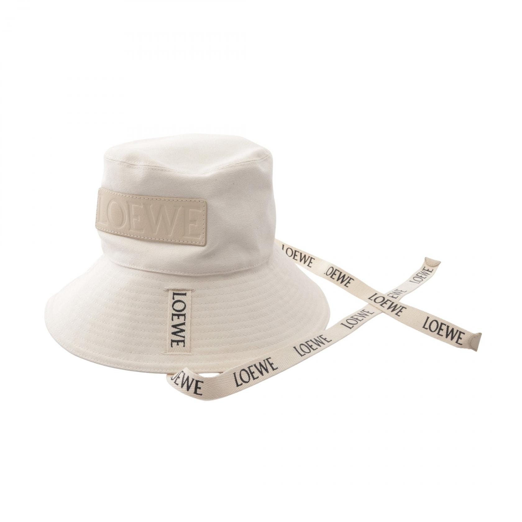 ロエベ LOEWE フィッシャーマン バケット ハット 帽子 コットン レザー レディース アイボリー系 【中古】