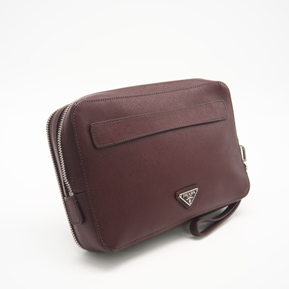 PRADA プラダ サフィアーノ ロゴ ダブルジップ セカンドバッグ VR0052 セカンドバッグ ブラウン レザー メンズ