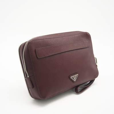 PRADA プラダ サフィアーノ ロゴ ダブルジップ セカンドバッグ VR0052 セカンドバッグ ブラウン レザー メンズ