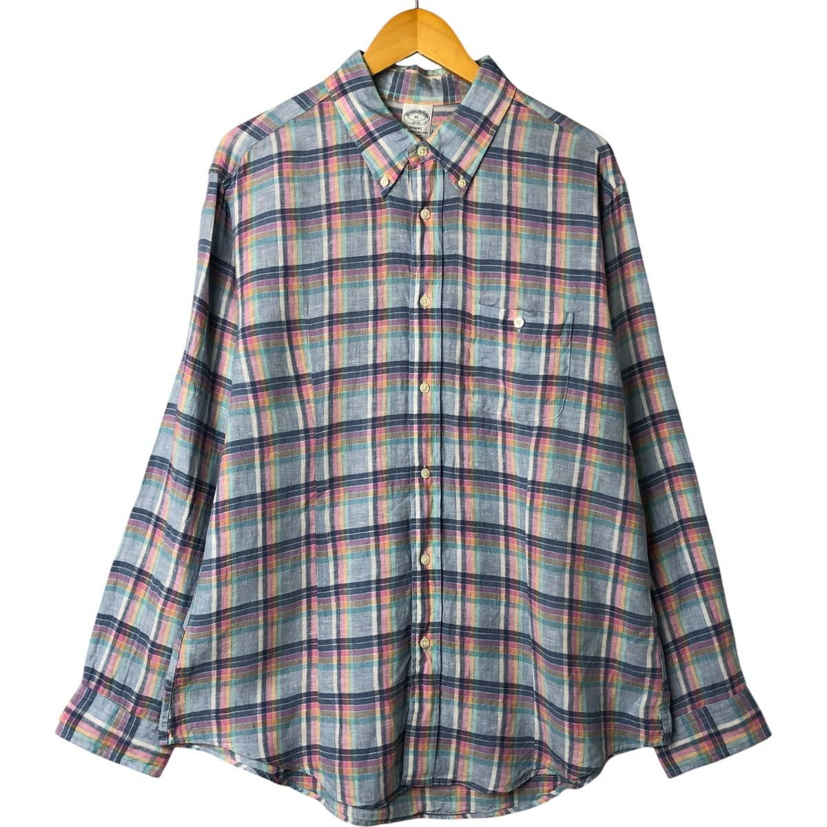 古着 ブルックスブラザーズ Brooks Brothers 1818 チェック柄 長袖 リネン ボタンダウンシャツ メンズXL相当/eaa541086