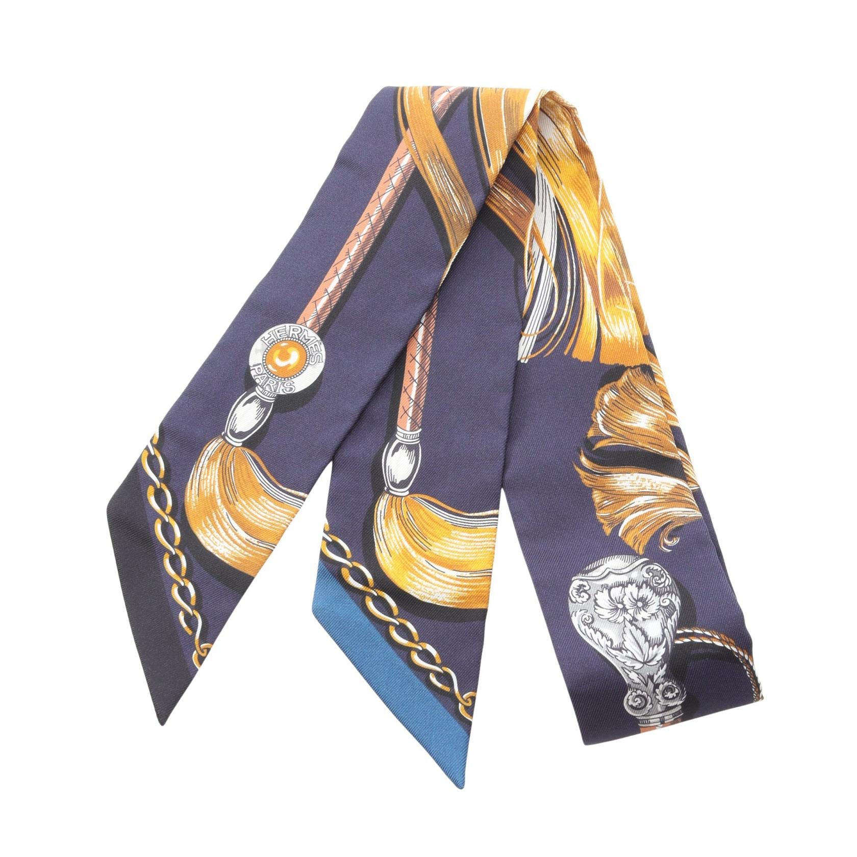 エルメス HERMES ツイリー Cavalcades リボン スカーフ 衣料品 シルク シルク レディース ネイビー系 / マルチカラー 【中古】
