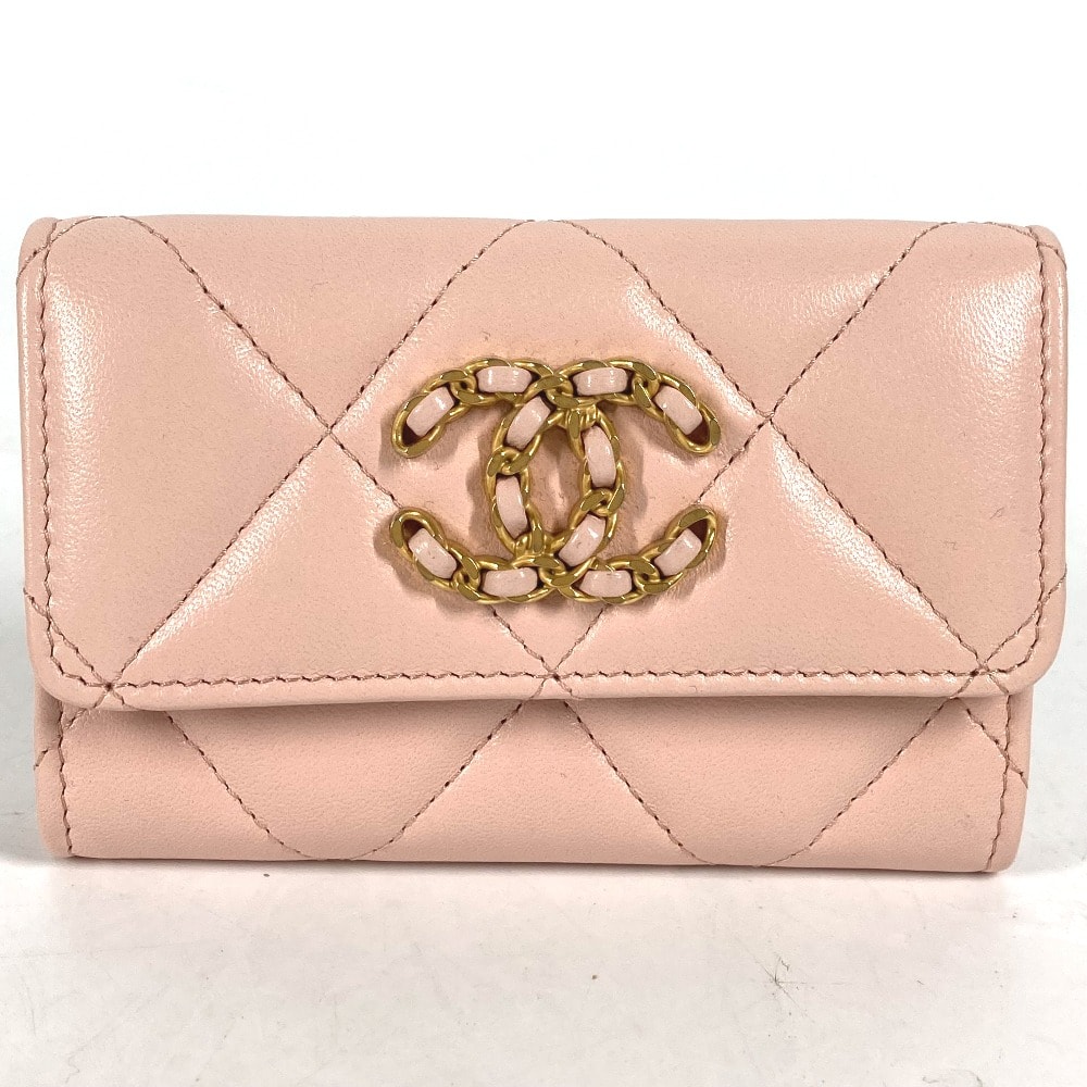 シャネル CHANEL チェーン CC カードケース マトラッセ 19ライン ココマーク 財布 小銭入れ コインケース ラムスキン ピンク 美品