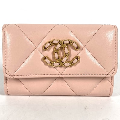 シャネル CHANEL チェーン CC カードケース マトラッセ 19ライン ココマーク 財布 小銭入れ コインケース ラムスキン ピンク 美品