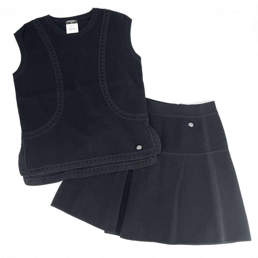 CHANEL シャネル セットアップ アパレル 服 タンクトップ ミニスカート メッシュ 40 ブラック 黒 コットン    レディース 夏 美品【中古品】