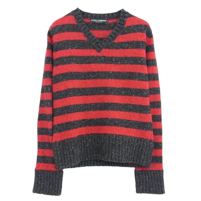 DOLCE&GABBANA ドルチェアンドガッバーナ ニット 16AW GC280K ネップデザイン Vネック ボーダー ニット レッド系 ダークグレー系 44【中古】