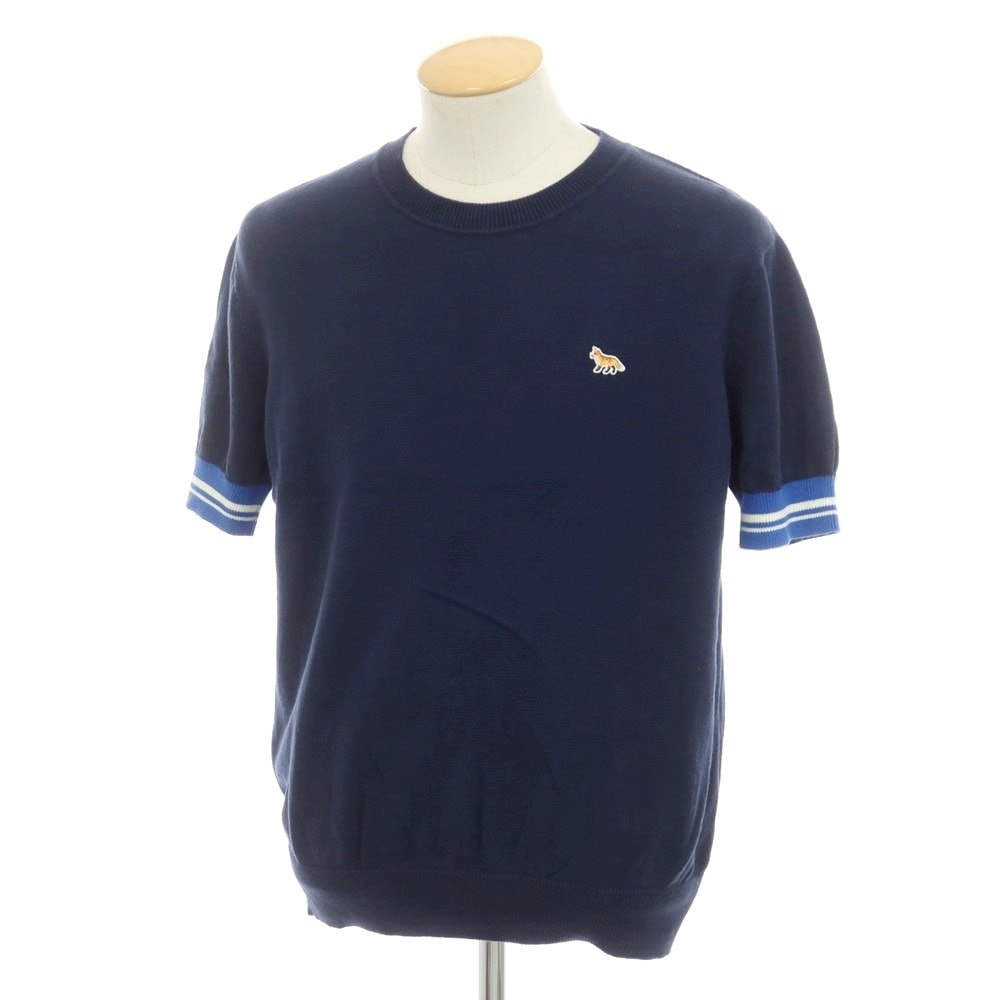 【中古】メゾンキツネ MAISON KITSUNE コットン クルーネック 半袖 プルオーバーニット ネイビー【サイズS】【メンズ】