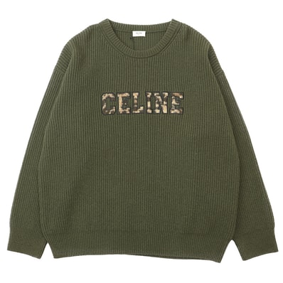 【未使用】CELINE セリーヌ ニットセーター サイズ XL メンズ ウール100% ロゴ レオパード パッチ プルオーバー ロングスリーブ 長袖 ビッグサイズ トップス カーキ 緑 イタリア製 2AB97650S