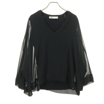 美品 ZARA ザラ 長袖 オーバーサイズ Vネック シアー袖 カットソー L ブラック