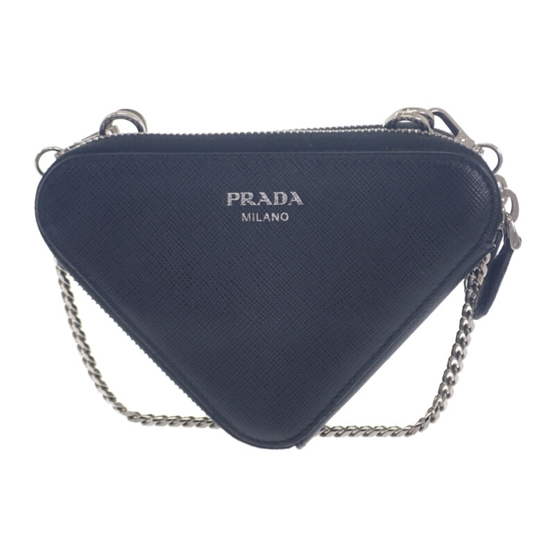 プラダ PRADA トライアングルミニポーチ 1NR015 2WAYバッグ サフィアーノ ブラック シルバー金具 レディース【中古】【ABランク】