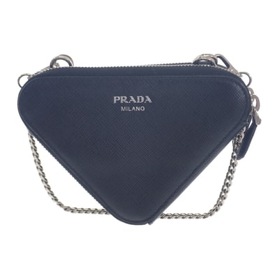 プラダ PRADA トライアングルミニポーチ 1NR015 2WAYバッグ サフィアーノ ブラック シルバー金具 レディース【中古】【ABランク】