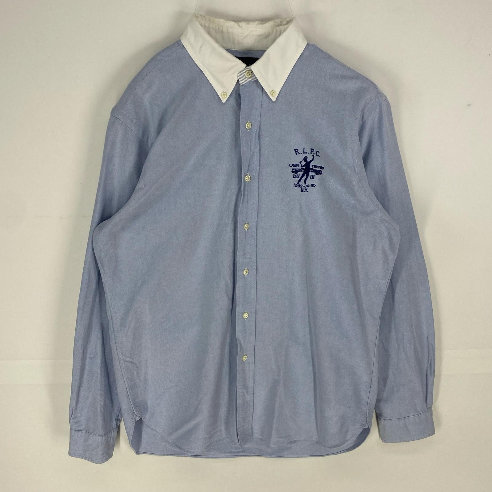 古着 ラルフローレン RALPH LAUREN 長袖シャツ ワンポイントロゴ刺繍 ボタンダウン ロングスリーブ L  ブルー系 無地 メンズ