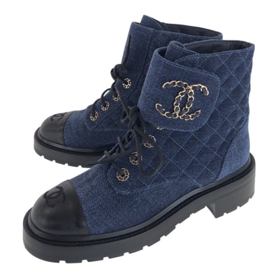美品 CHANEL シャネル マトラッセ ココマーク サイズ38C ネイビー ブラック ゴールド金具 ベルベット レザー/ ブーツ ショートブーツ 600628 【中古】