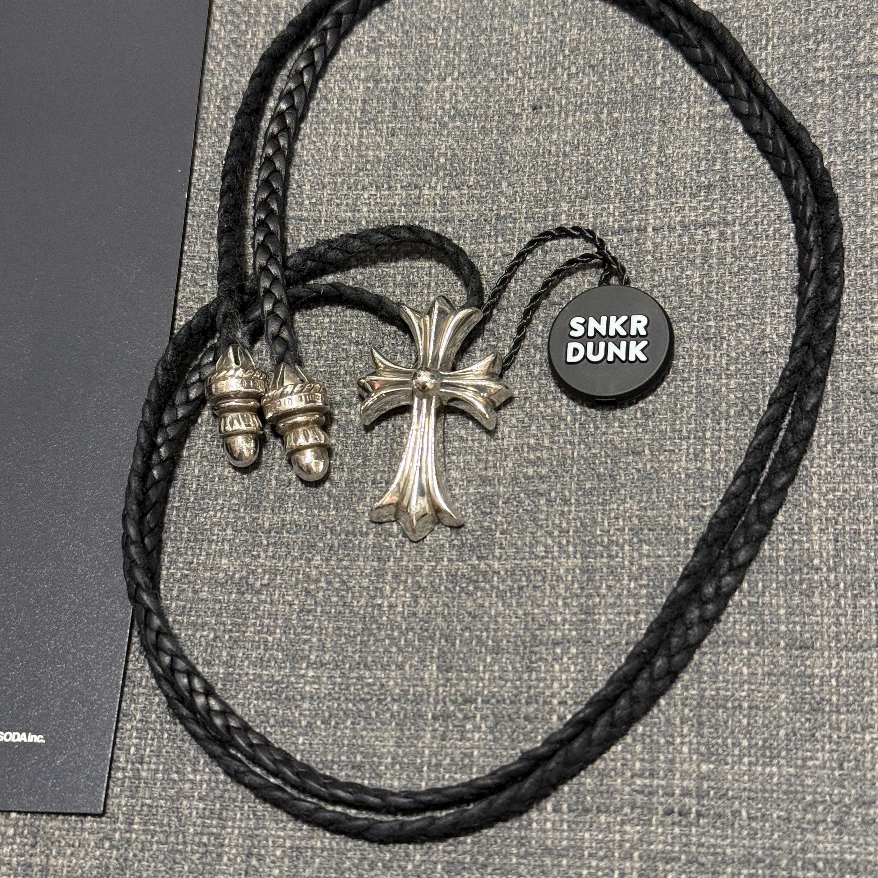 Chrome Hearts Small CH Cross Leather Braid W Bolo Tip Necklace "Silver"