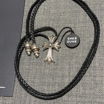 Chrome Hearts Small CH Cross Leather Braid W Bolo Tip Necklace "Silver"