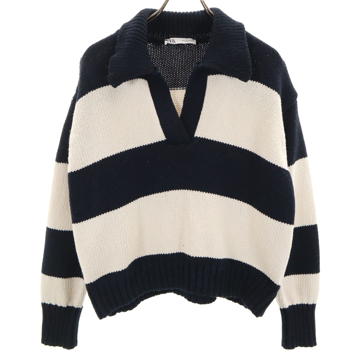 ZARA ザラ ボーダー柄 長袖 オープンカー セーター M ホワイト系 ニット