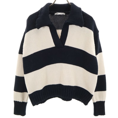 ZARA ザラ ボーダー柄 長袖 オープンカー セーター M ホワイト系 ニット