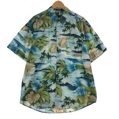 古着 90年代 ラルフローレン Ralph Lauren CHAPS チャップス 総柄 リーフ柄 ヤシの木柄 ボタンダウン ハワイアンアロハシャツ メンズL相当 ヴィンテージ/eaa549624