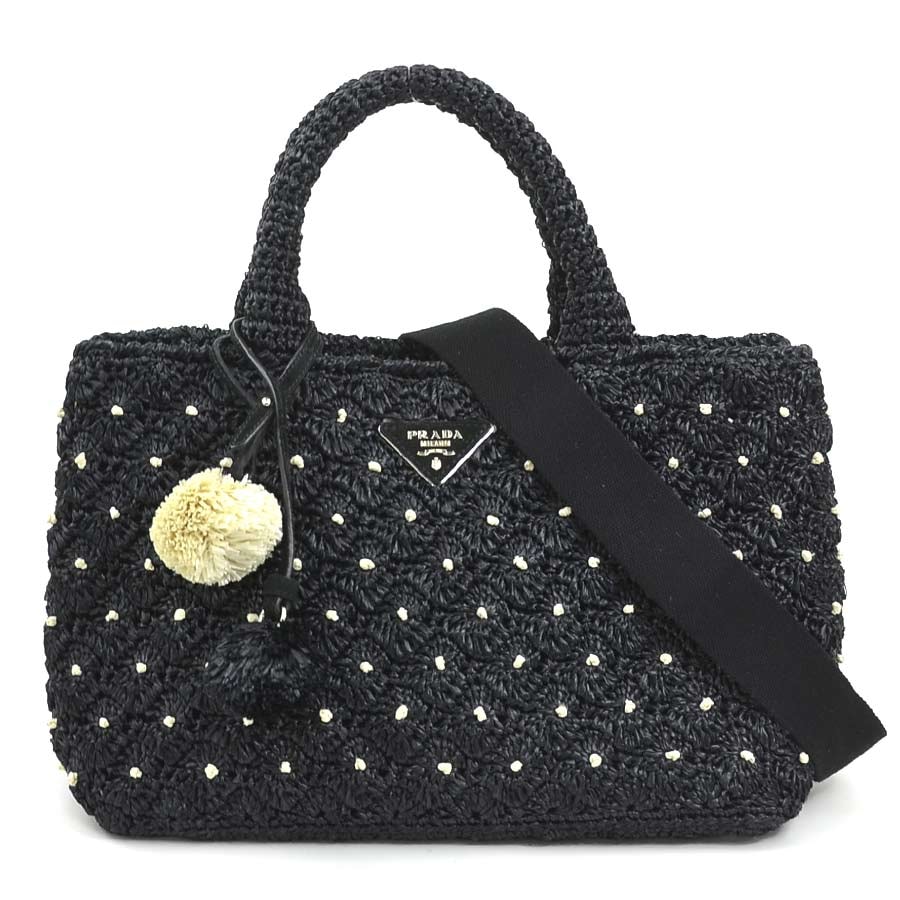 プラダ PRADA ハンドバッグ ショルダーバッグ ラフィア ブラック/オフホワイト シルバー レディース【中古】 e62381i