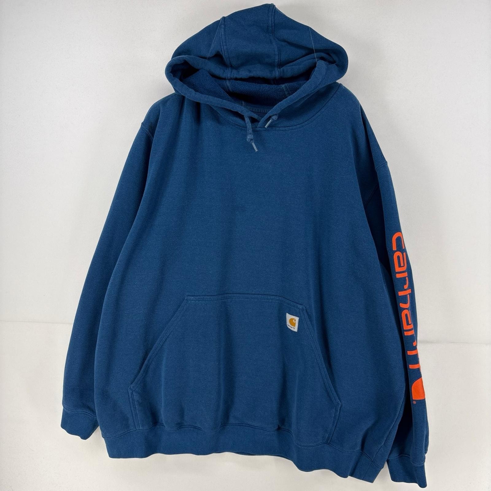 古着 カーハート Carhartt パーカー プリント 大きいサイズ スウェット 袖ロゴ プリント プルオーバー  3XL  ブルー 袖プリント メンズ