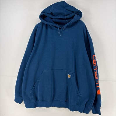 古着 カーハート Carhartt パーカー プリント 大きいサイズ スウェット 袖ロゴ プリント プルオーバー 3XL ブルー 袖プリント メンズ
