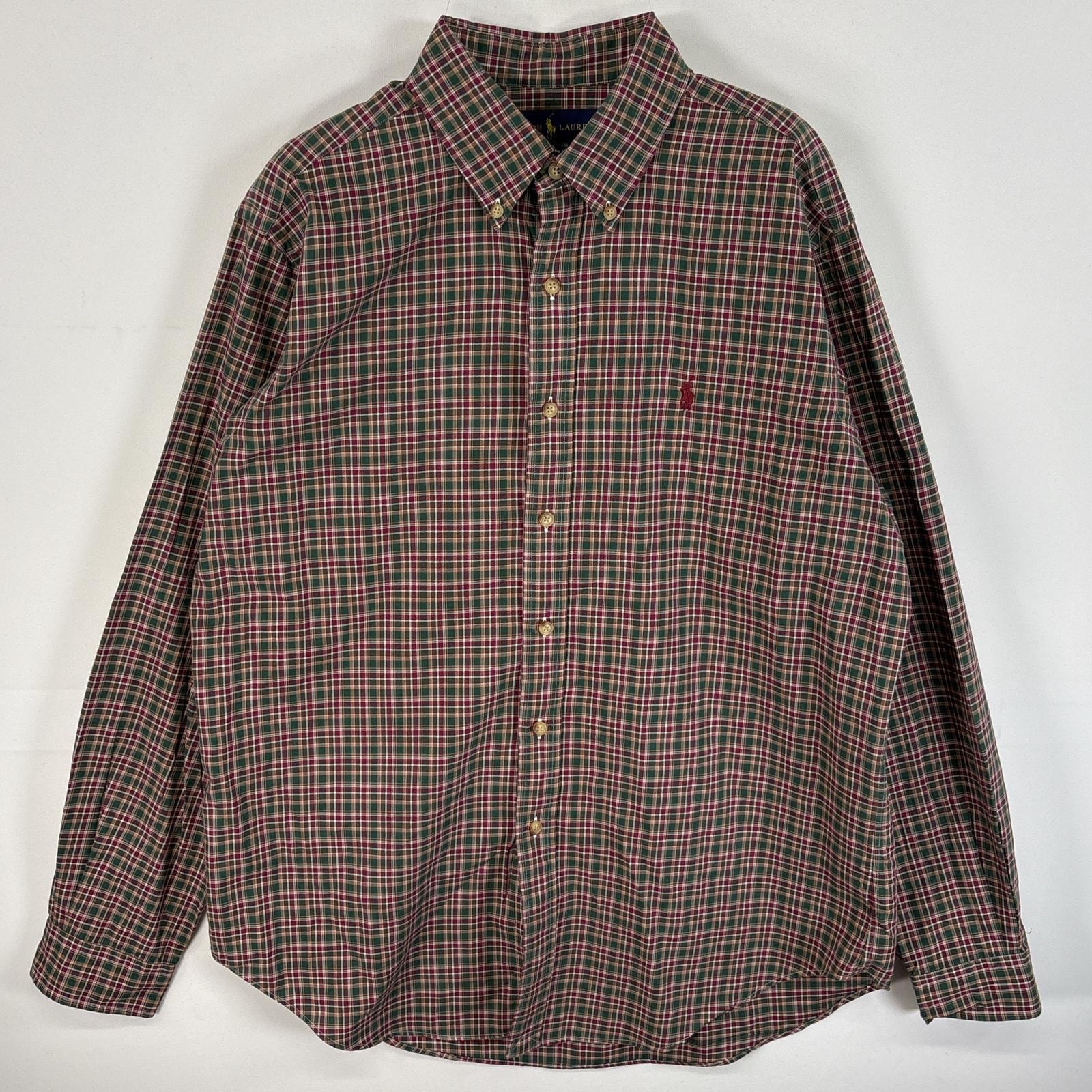 古着 ラルフローレン RALPH LAUREN 長袖シャツ ボタンダウンシャツ ワンポイント ロゴ 刺繍 チェック L  グリーン系 マルチカラー メンズ
