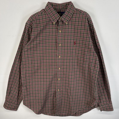 古着 ラルフローレン RALPH LAUREN 長袖シャツ ボタンダウンシャツ ワンポイント ロゴ 刺繍 チェック L グリーン系 マルチカラー メンズ
